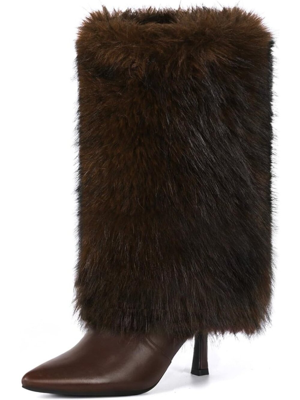Women's Brown Kitten Heel Mid Calf Fur Boots Pointed Toe Short Boot Side Zip